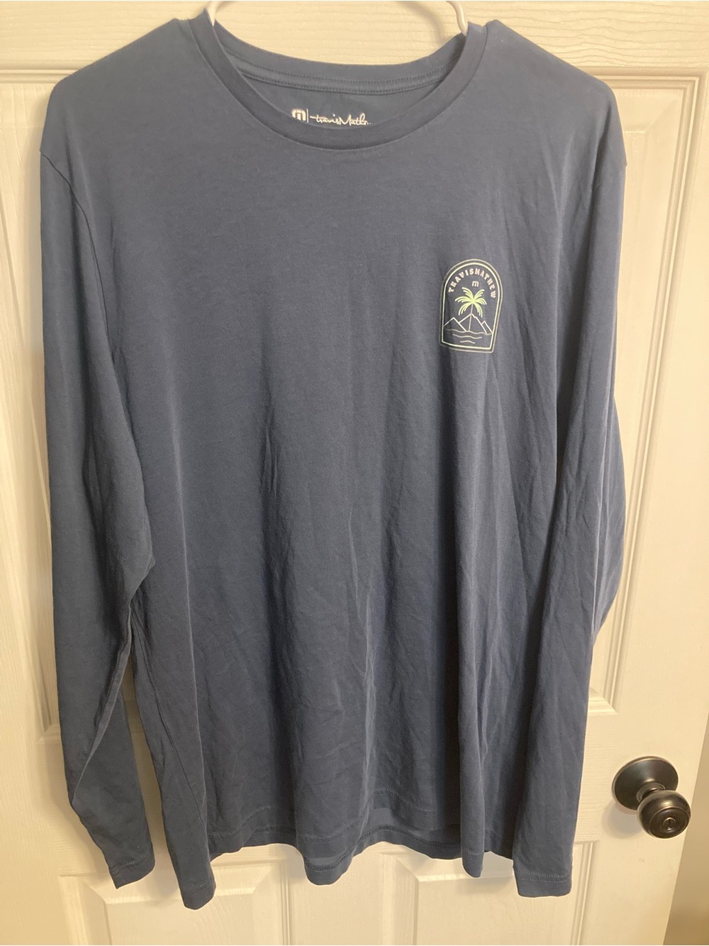 Travis Mathew Slate Blue Long-Sleeve Palm Logo Shirt